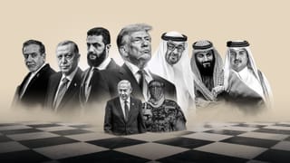 A digital collage of Middle Eastern and global political figures, including Recep Tayyip Erdoğan, Donald Trump, Mohammed bin Zayed, Mohammed bin Salman, and others, standing on a chessboard.